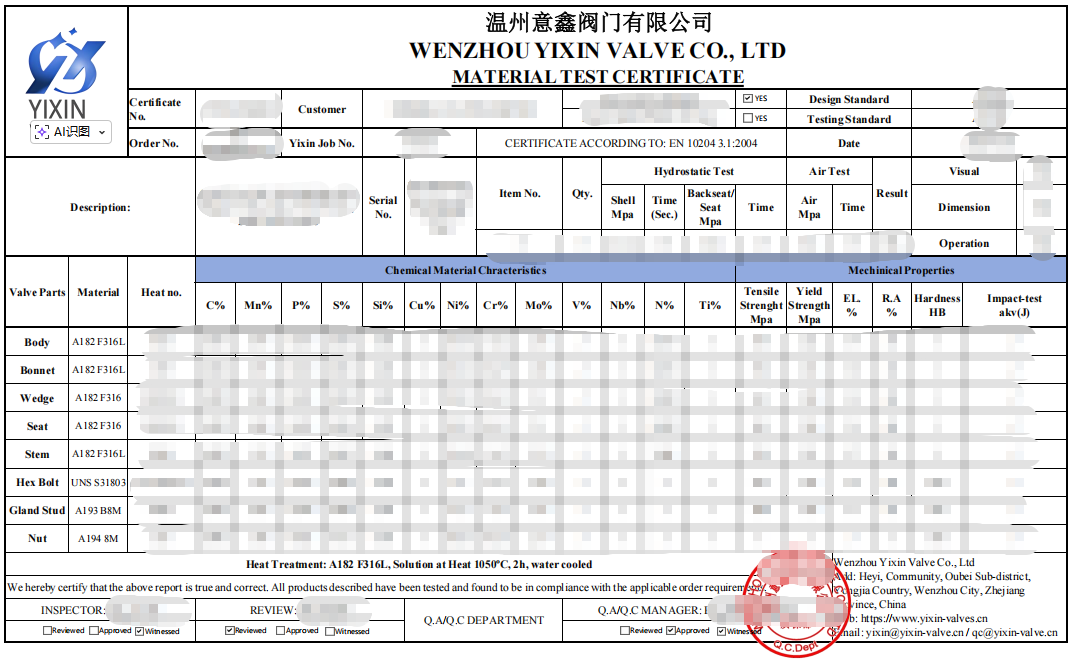 Yixin MTC report sample (MATERIAL TEST CERTIFICATE)